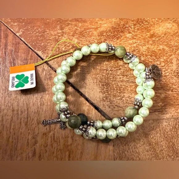 NWT Green Connemara Marble Faux Pearl Coil Rosary Bracelet, Made in Ireland, QVC - Picture 2 of 11